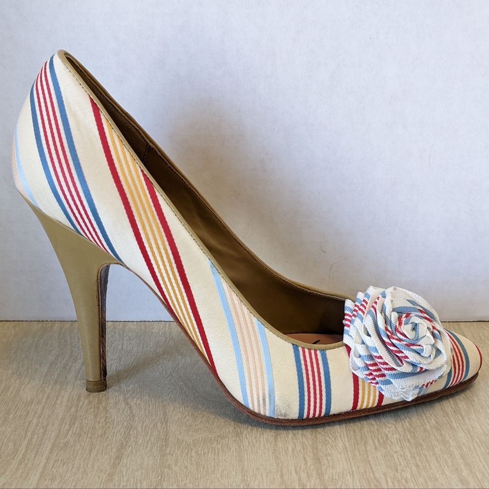 Betsey Johnson Red and Blue and Cream Striped Rosette Heels size 8.5